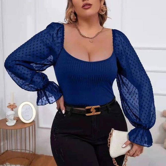 BellanBlue Tops - Boho Plus Swiss Dot Sheer Sleeve Ribbed Top